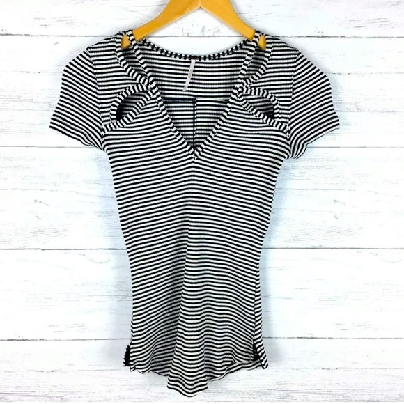Free People Black and White Striped Rib Knit Top - Picture 1 of 7